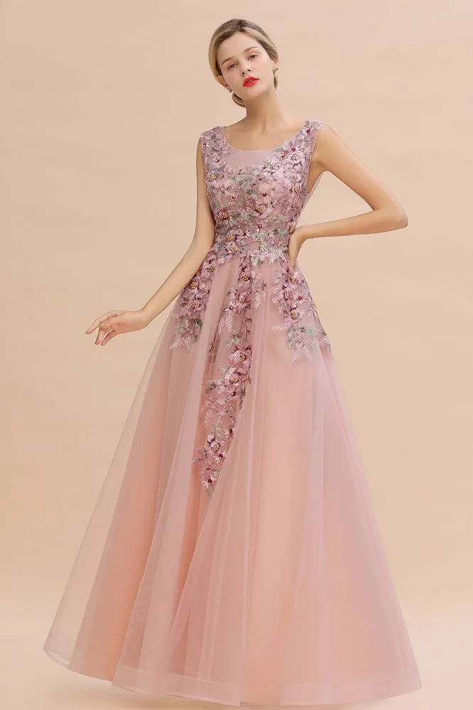 Sleeveless Aline Dusty Pink Long Evening Dress Tulle Lace Appliques Party Dress