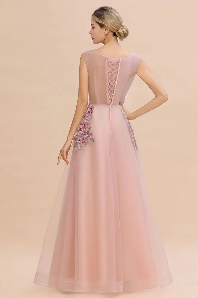 Sleeveless Aline Dusty Pink Long Evening Dress Tulle Lace Appliques Party Dress