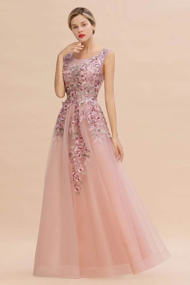 Sleeveless Aline Dusty Pink Long Evening Dress Tulle Lace Appliques Party Dress
