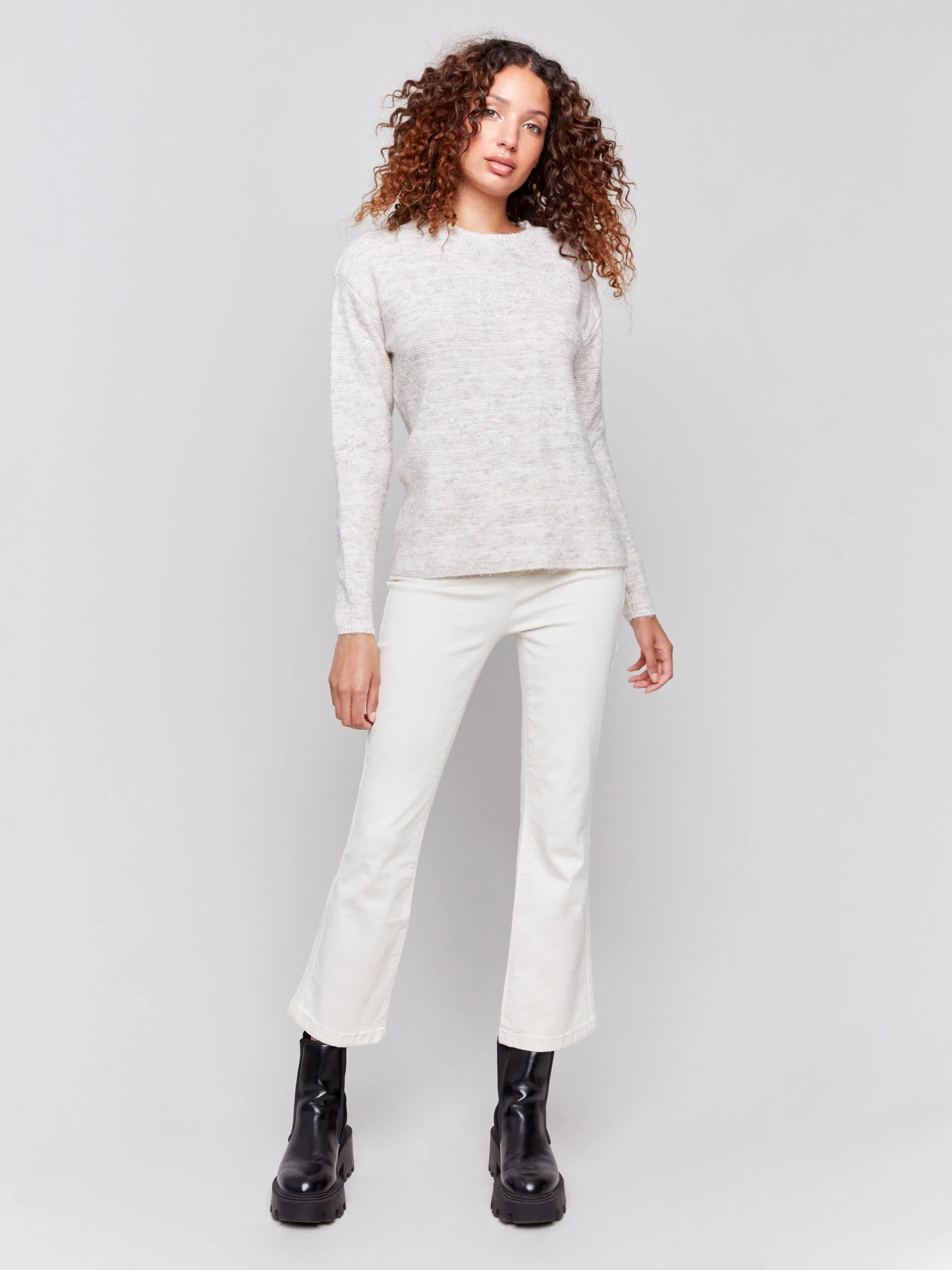 Space Dye Knit Sweater With Drop Shoulders - Ecru