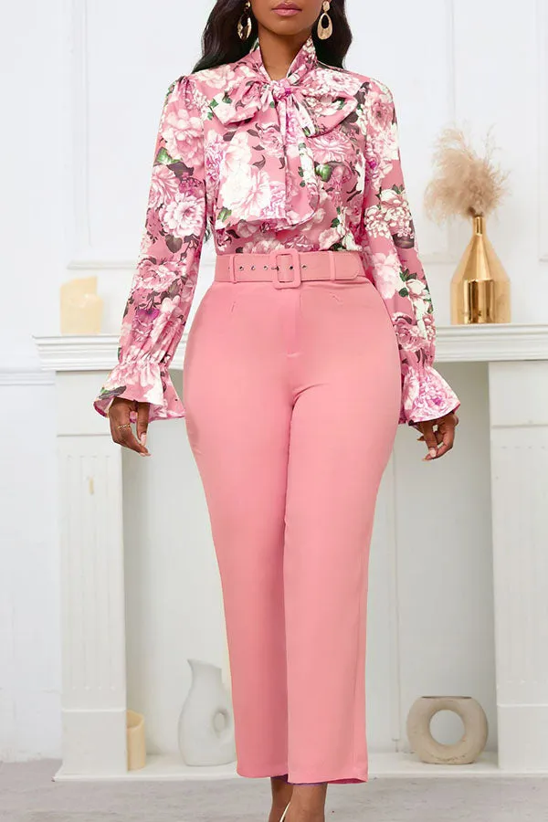 Stylish Botanical Print Blouse & Pants Set