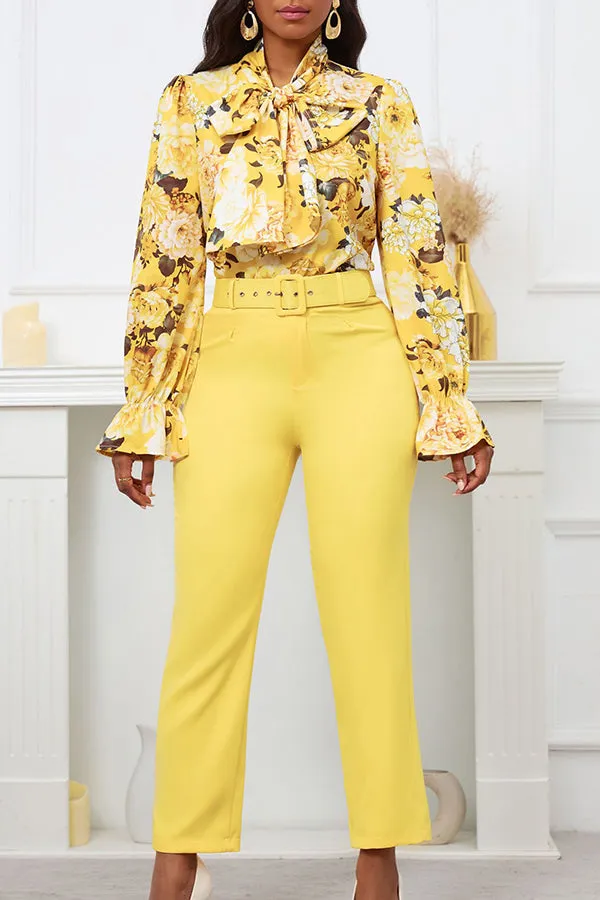 Stylish Botanical Print Blouse & Pants Set