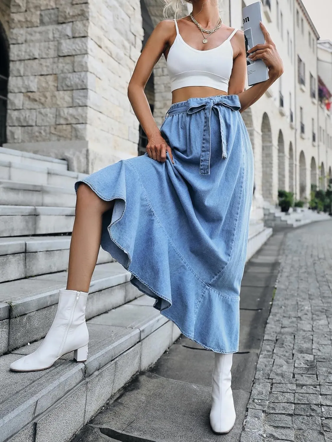 Unybwonn Women High Waisted Maxi Denim Skirt Bow Tie Ruffles Hem a Line Long Jean Skirt Flowy Pleated Jeans Skirts