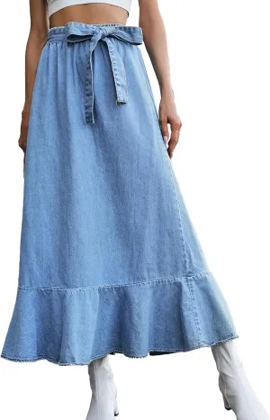 Unybwonn Women High Waisted Maxi Denim Skirt Bow Tie Ruffles Hem a Line Long Jean Skirt Flowy Pleated Jeans Skirts