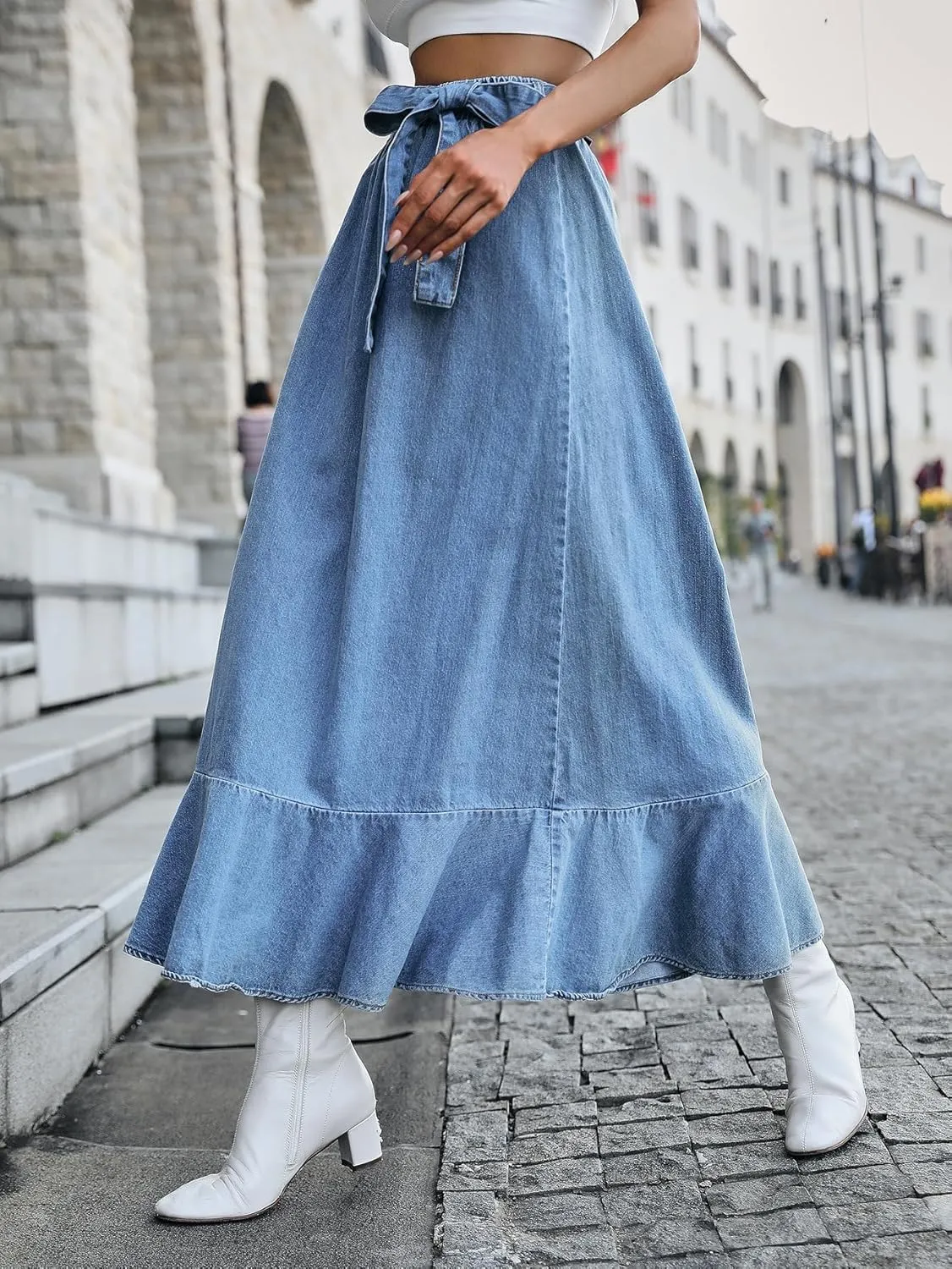 Unybwonn Women High Waisted Maxi Denim Skirt Bow Tie Ruffles Hem a Line Long Jean Skirt Flowy Pleated Jeans Skirts