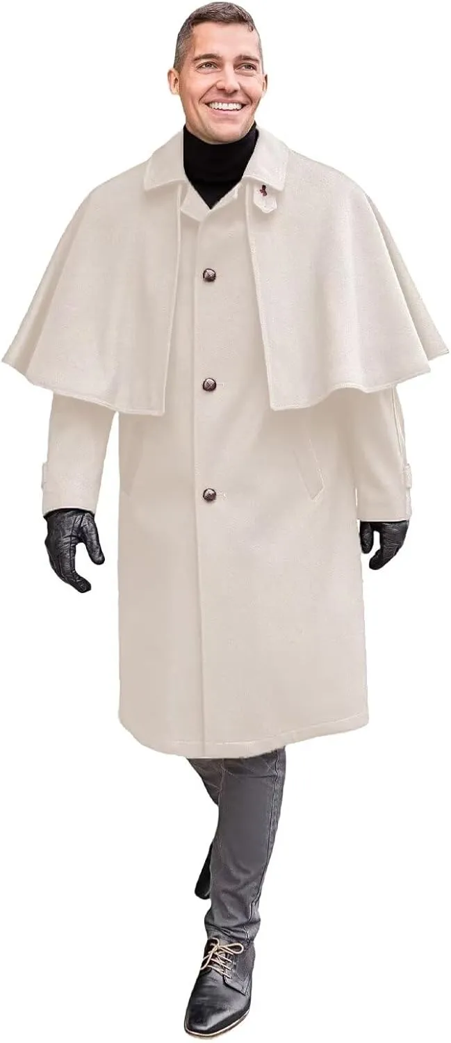 Victorian Men's Cashmere Long Overcoat with Cape Notch Lapel Trench Coat Regular Fit Cloak Pea Jacket in Winter