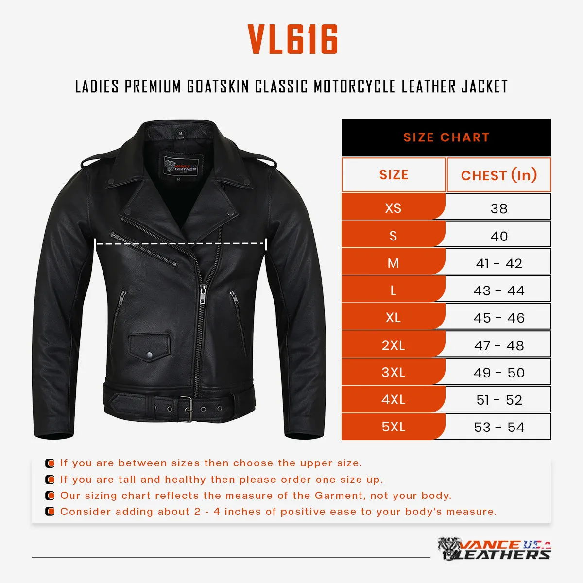 VL616 Vance Leather Ladies Premium Lightweight Goatskin Classic Motorcycle Leather Jacket MCJ