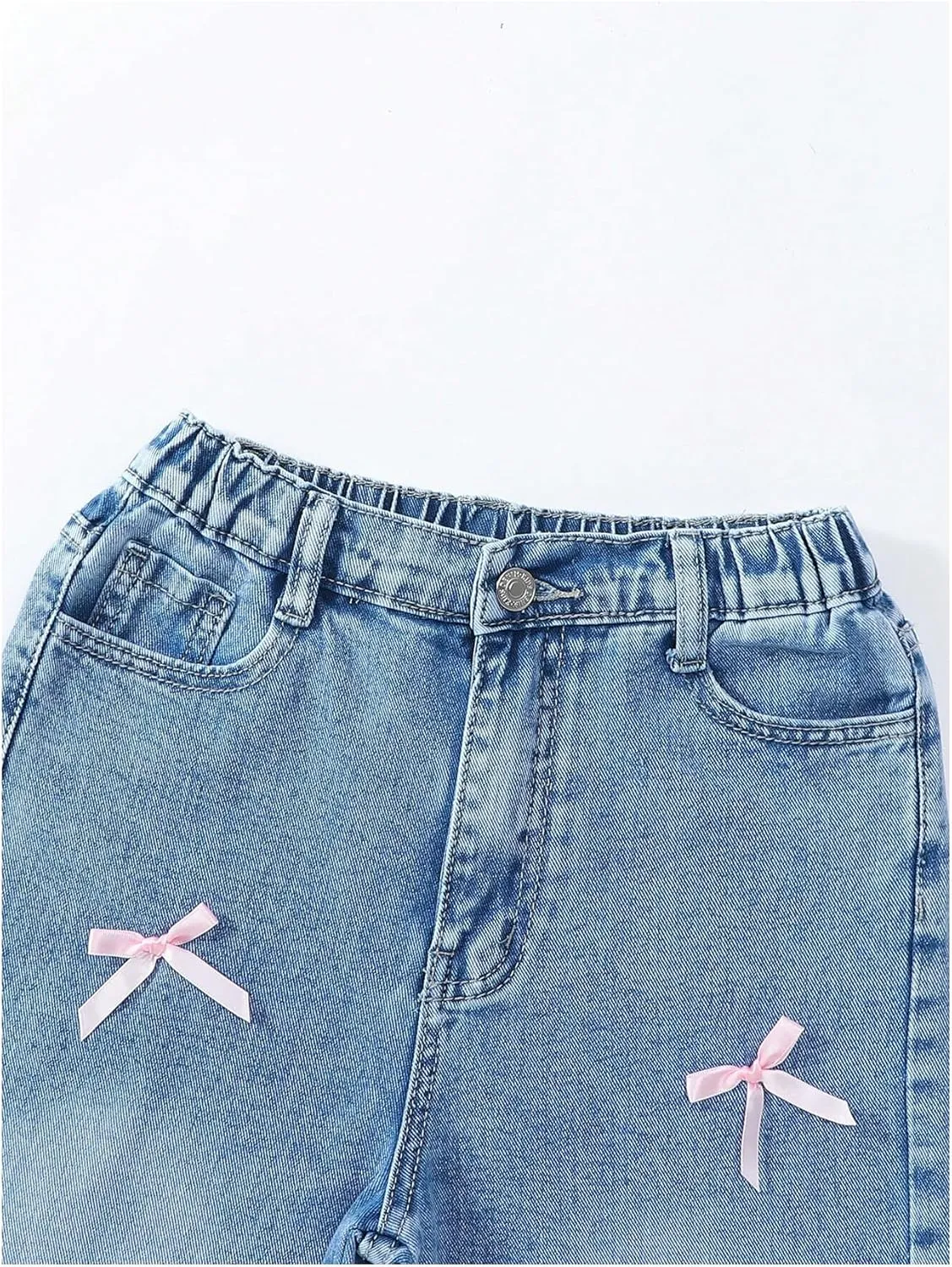 WDIRARA Girl's Bow Wide Leg Denim Pants Elastic High Waisted Y2k Jeans with Pockets