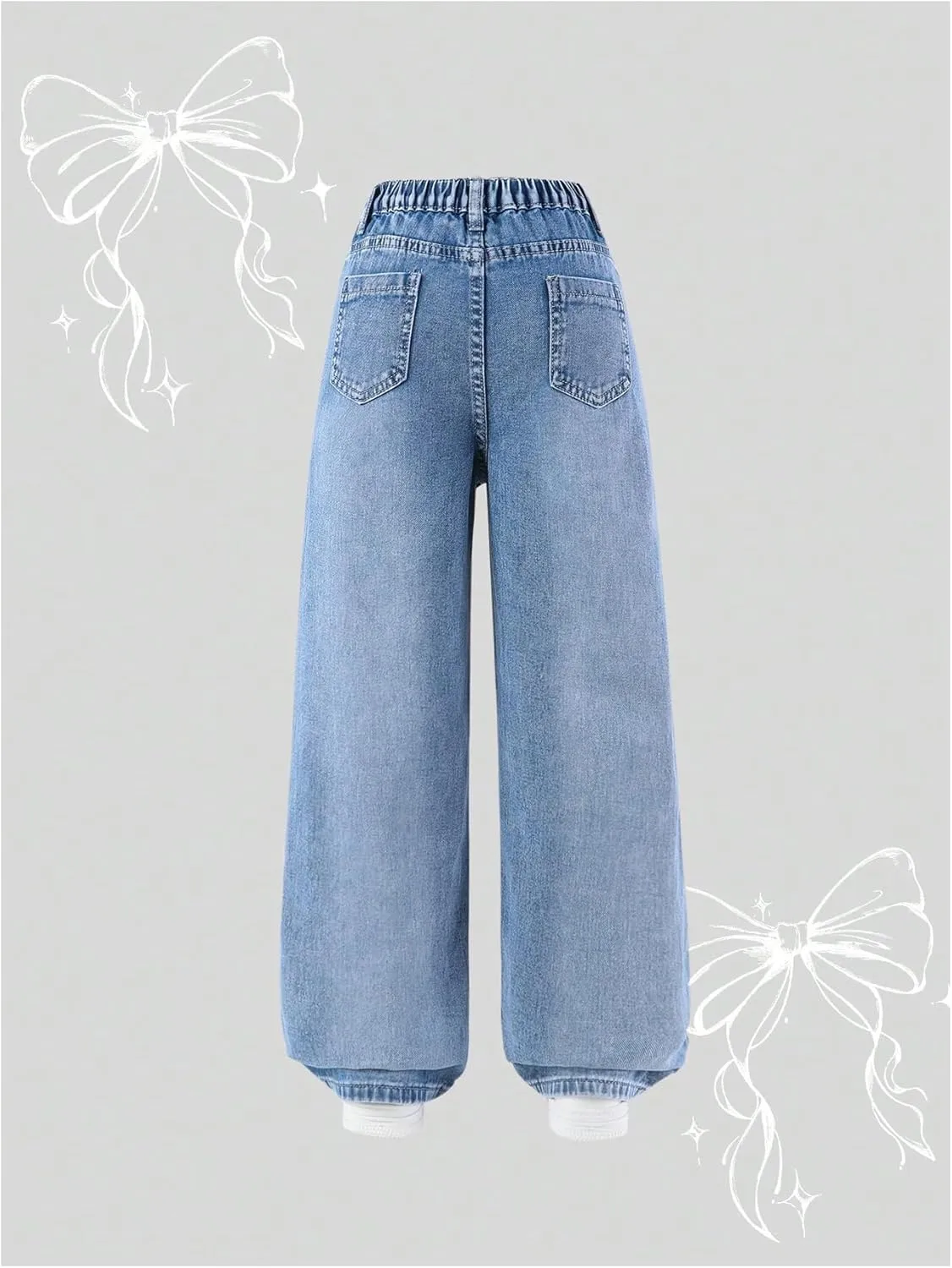 WDIRARA Girl's Bow Wide Leg Denim Pants Elastic High Waisted Y2k Jeans with Pockets
