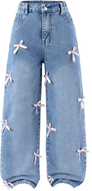 WDIRARA Girl's Bow Wide Leg Denim Pants Elastic High Waisted Y2k Jeans with Pockets