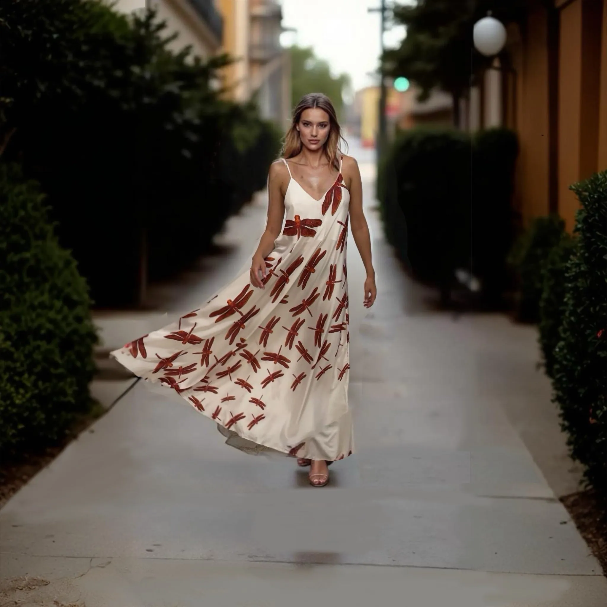 White Red Dragonfly Satin Mariella Dress