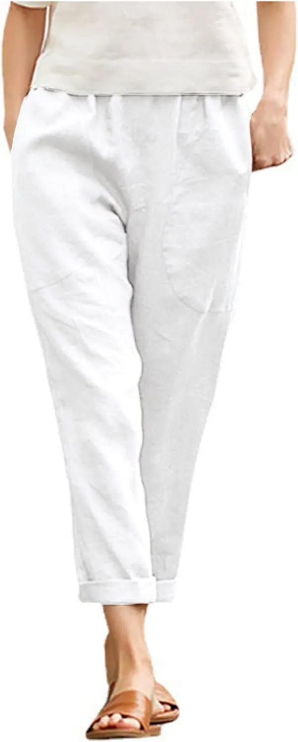 Women Casual Crppped Trousers Linen Cotton Summer Capris Pants Straight Wide Leg Casual Loose Fit Solid Pants with Pockets