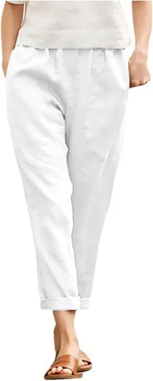 Women Casual Crppped Trousers Linen Cotton Summer Capris Pants Straight Wide Leg Casual Loose Fit Solid Pants with Pockets