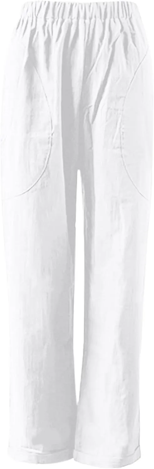 Women Casual Crppped Trousers Linen Cotton Summer Capris Pants Straight Wide Leg Casual Loose Fit Solid Pants with Pockets