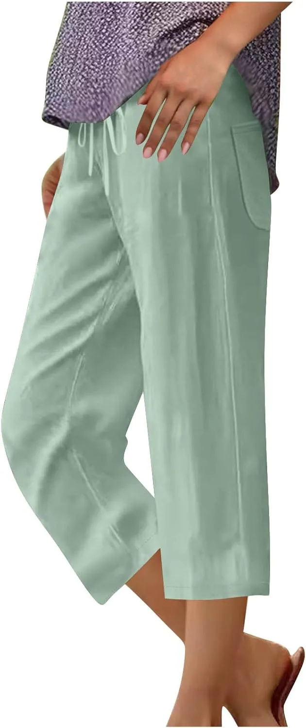 Women Summer Cotton Linen Capri Pants Plain Pant Elasticated Waist Cropped Trousers Loose Breathable Capris with Pocket