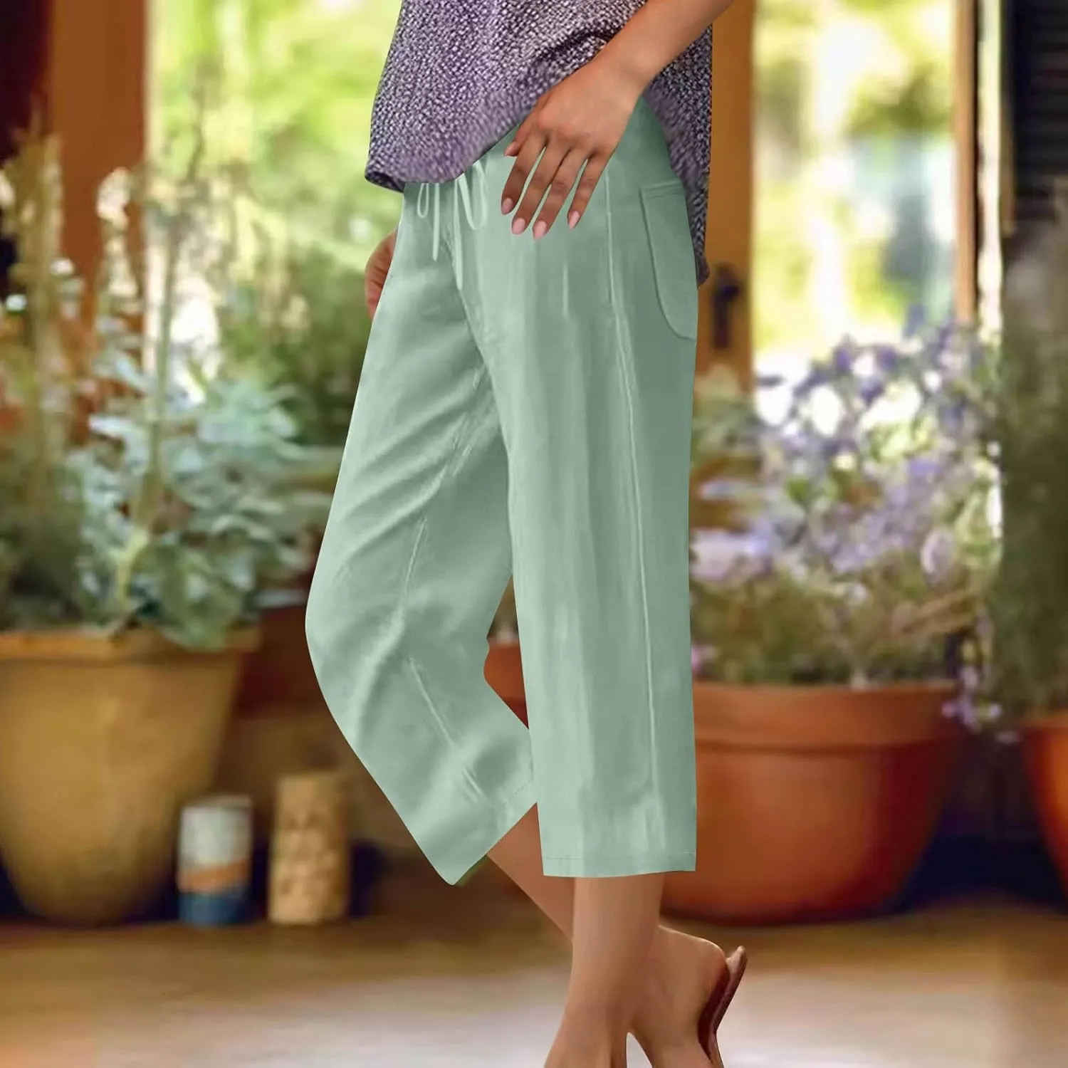 Women Summer Cotton Linen Capri Pants Plain Pant Elasticated Waist Cropped Trousers Loose Breathable Capris with Pocket