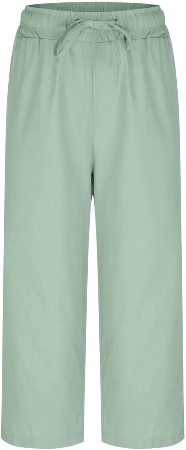 Women Summer Cotton Linen Capri Pants Plain Pant Elasticated Waist Cropped Trousers Loose Breathable Capris with Pocket