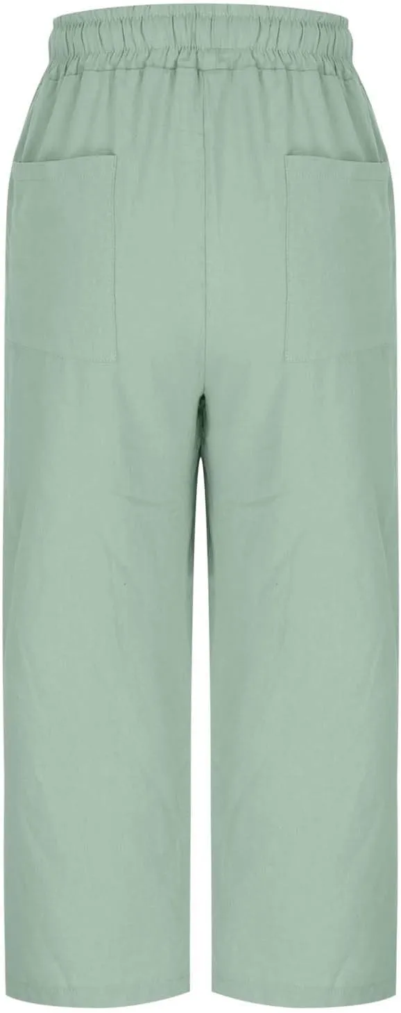 Women Summer Cotton Linen Capri Pants Plain Pant Elasticated Waist Cropped Trousers Loose Breathable Capris with Pocket