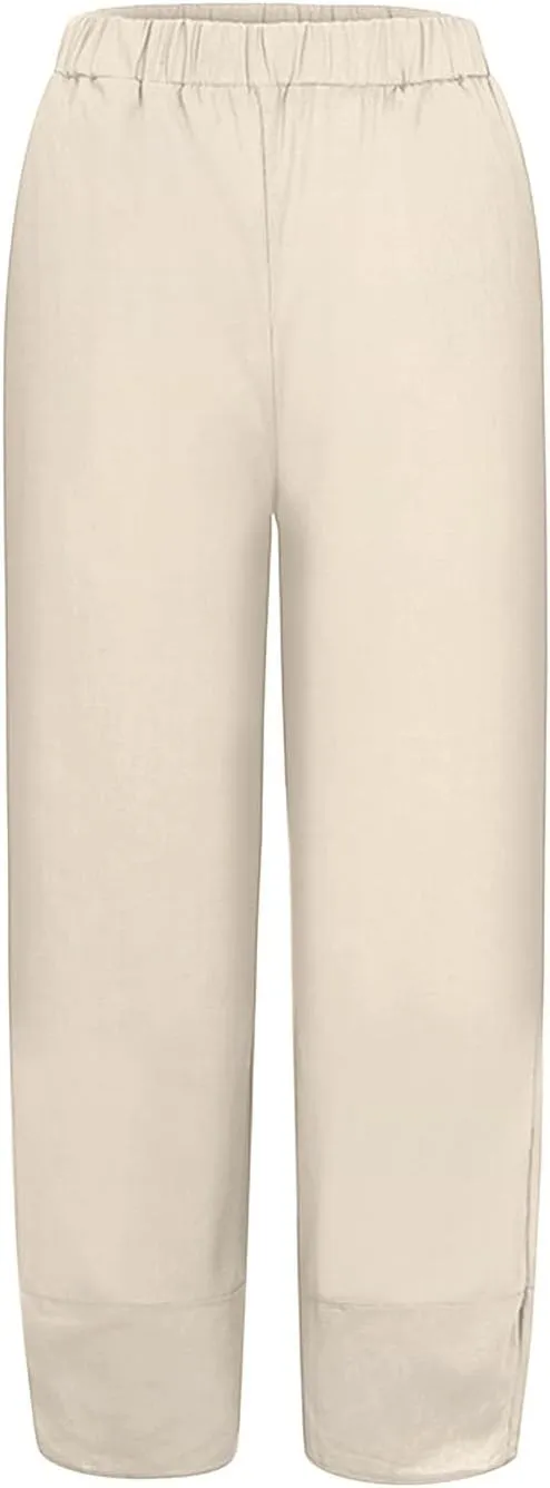 Women Wide Leg Cotton Linen Capris Summer Elastic Waist Casual Pants Baggy Brethable Palazzo Cropped Trousers with Pockets