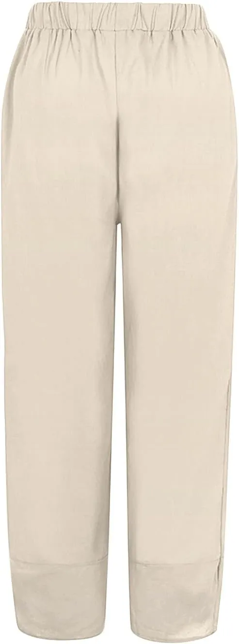 Women Wide Leg Cotton Linen Capris Summer Elastic Waist Casual Pants Baggy Brethable Palazzo Cropped Trousers with Pockets