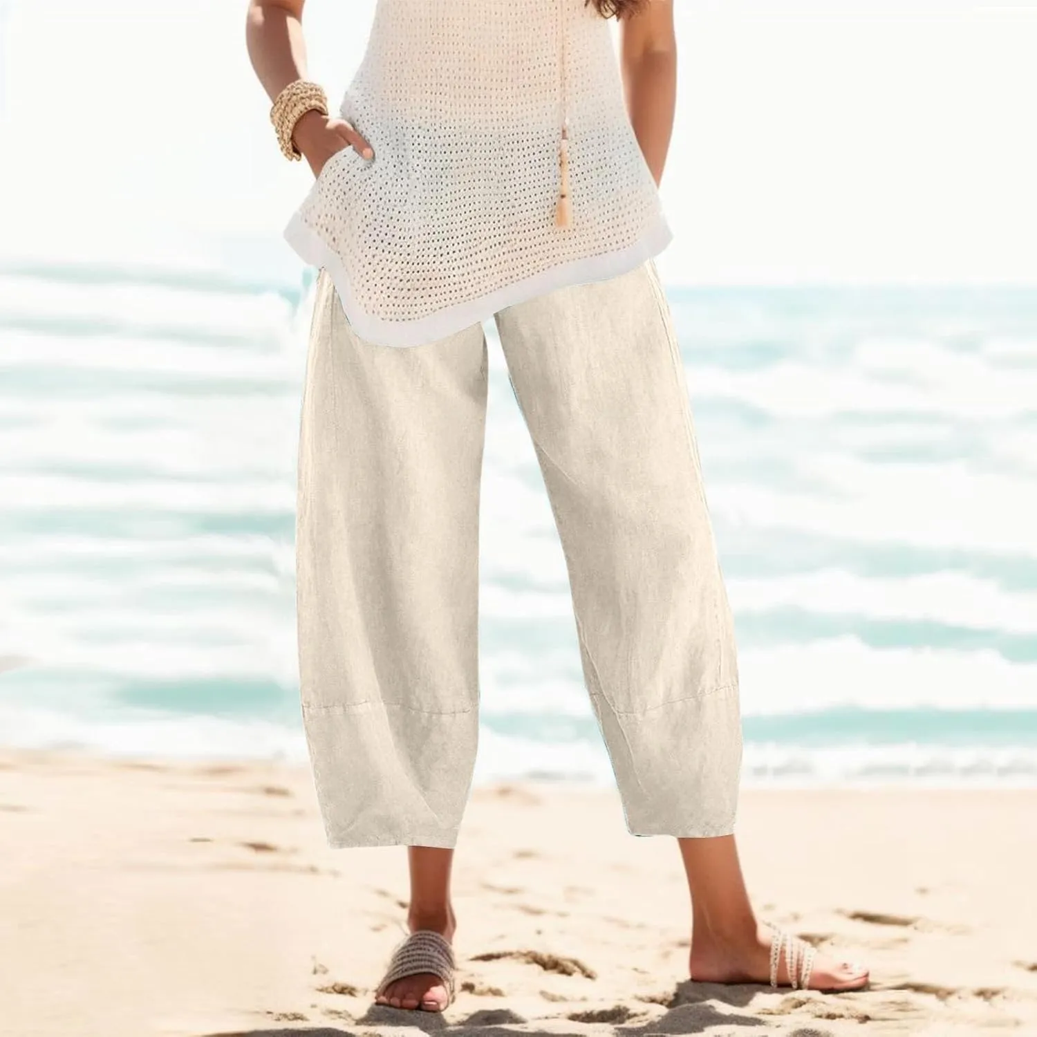 Women Wide Leg Cotton Linen Capris Summer Elastic Waist Casual Pants Baggy Brethable Palazzo Cropped Trousers with Pockets