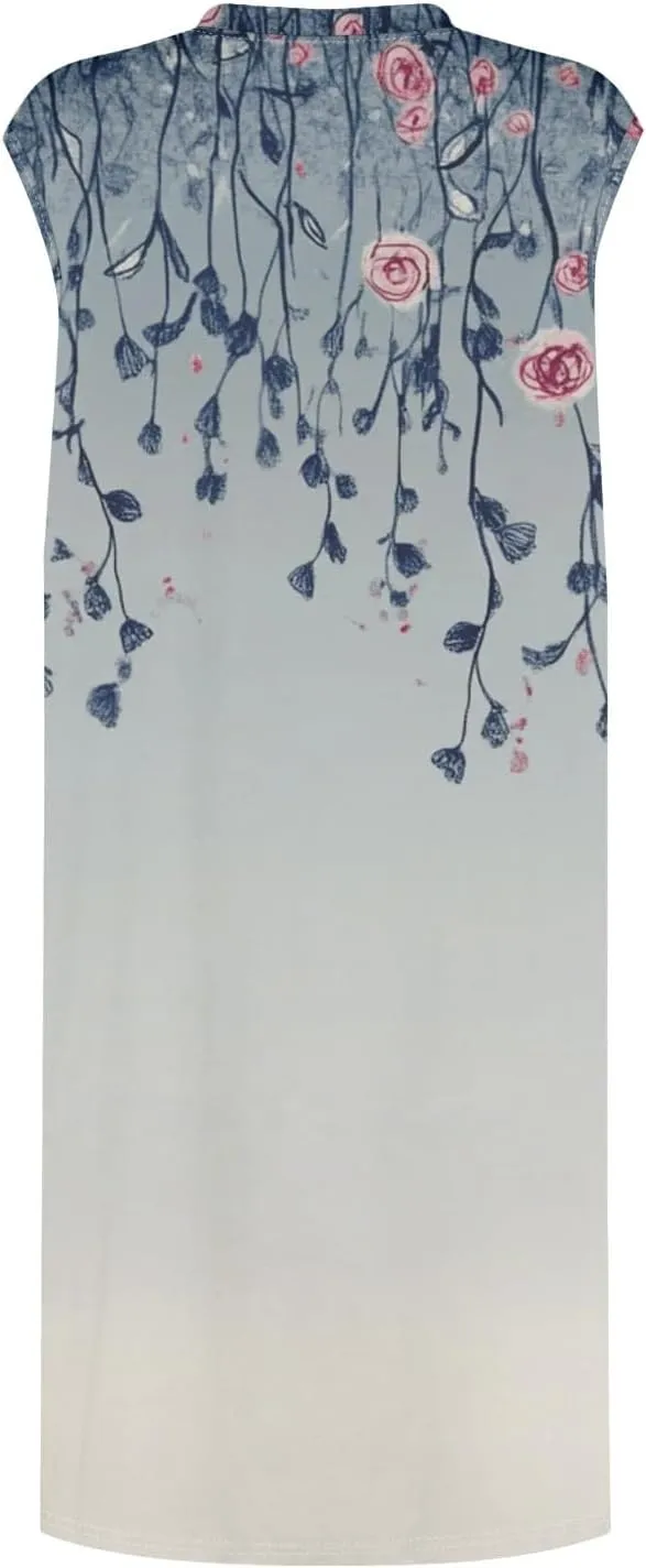 Womens Casual Loose Beach Pockets Dress Printed Crew Neck Sleeveless Sundress Vacation 2025 Summer Mini Dresses