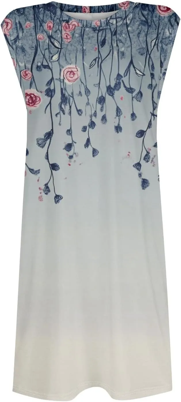 Womens Casual Loose Beach Pockets Dress Printed Crew Neck Sleeveless Sundress Vacation 2025 Summer Mini Dresses