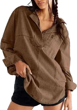 Women's Casual V-Neck Denim Jacket, Blue, S-3XL