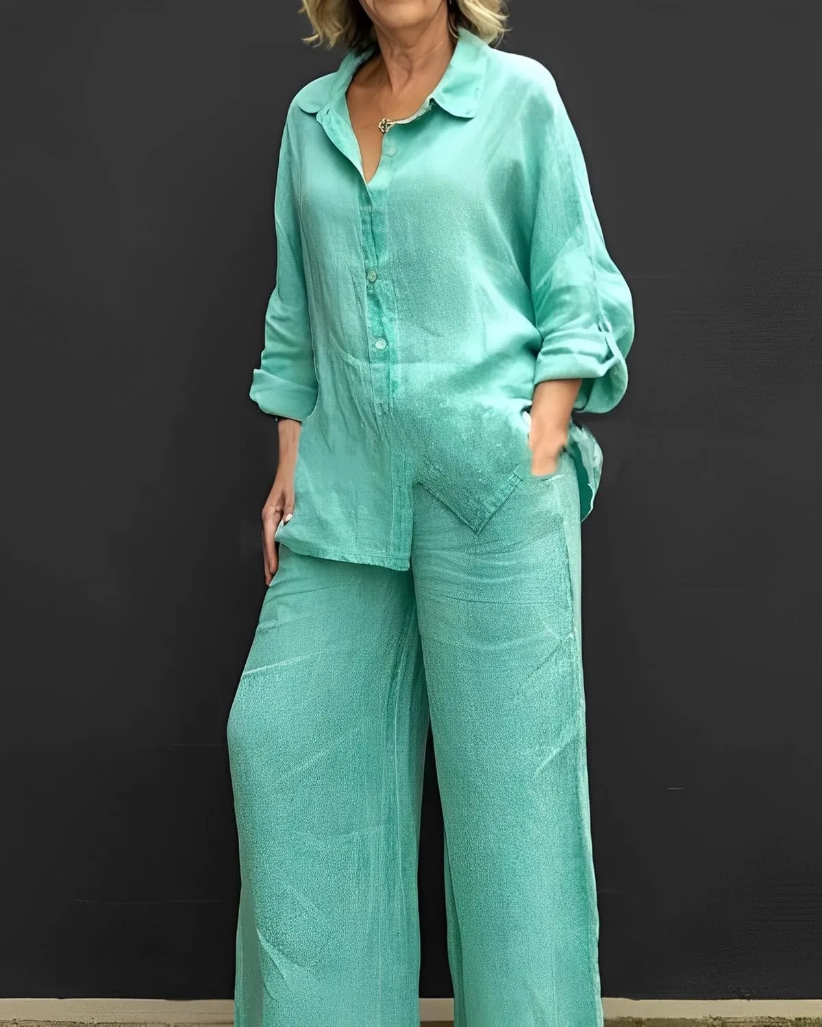 Womens Cotton Linen 2 Piece Outfits Long Sleeve Button Down Top Loose Elastic Waist Wide Leg Long Pants with 2 Pockets
