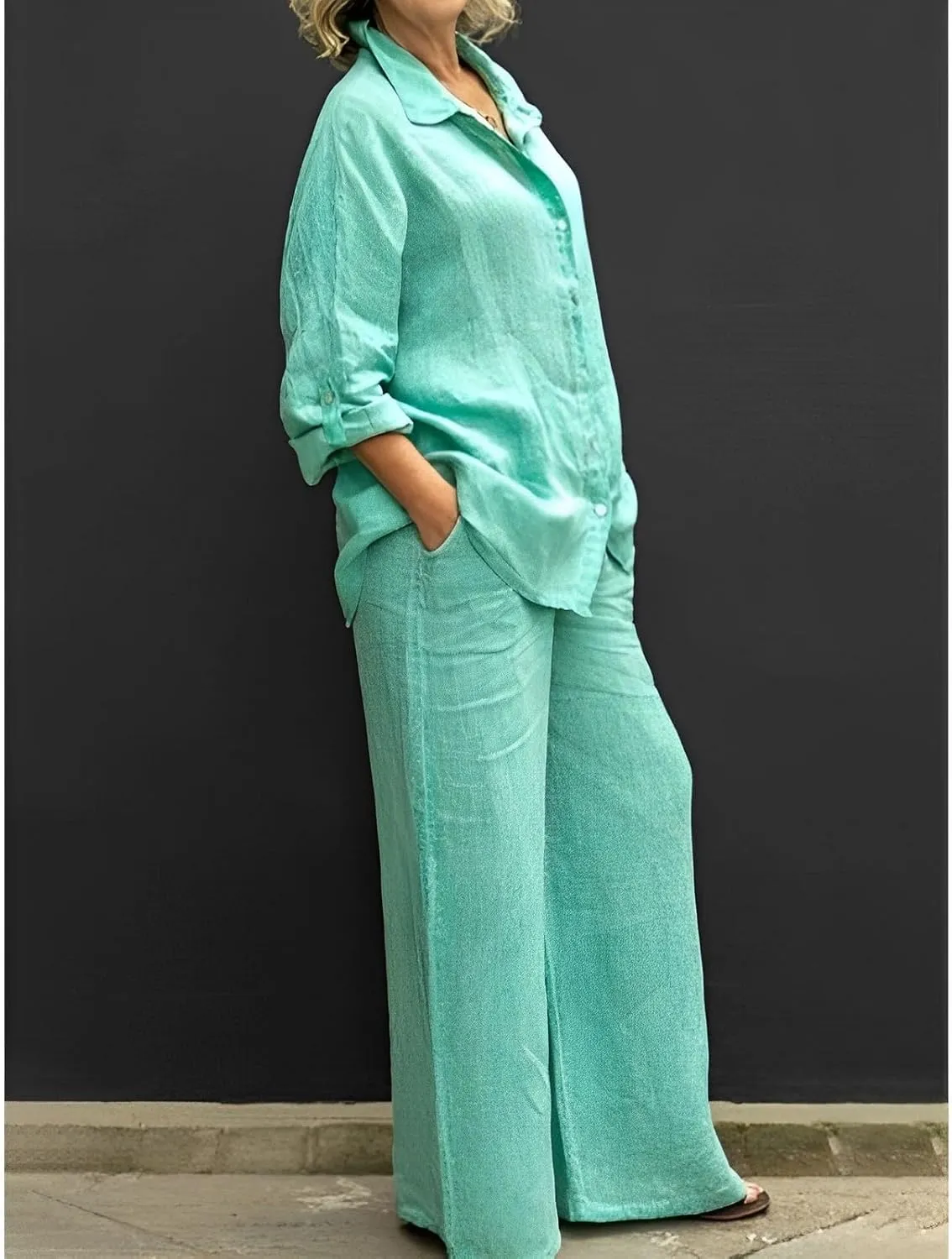 Womens Cotton Linen 2 Piece Outfits Long Sleeve Button Down Top Loose Elastic Waist Wide Leg Long Pants with 2 Pockets