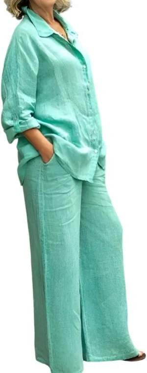 Womens Cotton Linen 2 Piece Outfits Long Sleeve Button Down Top Loose Elastic Waist Wide Leg Long Pants with 2 Pockets