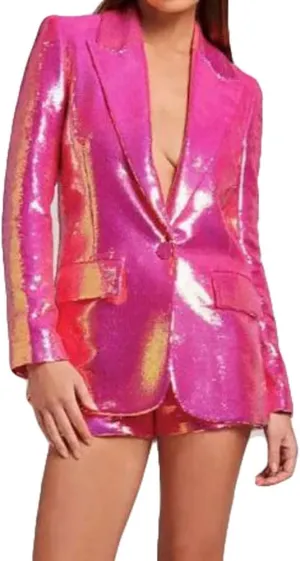 Womens Glitter Blazer Short Pants Set 2 PC Slim Fit Peak Lapel Prom Party Suit Womens Sequins Suit