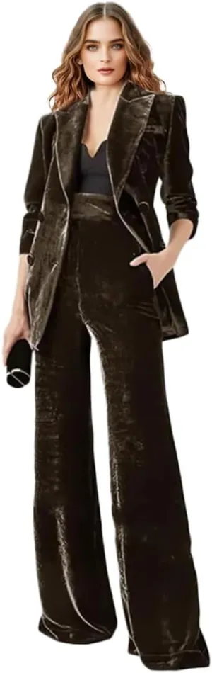 Womens Velvet Suit 2 PC Double Breasted Pants Suit Peak Lapel Formal Suit Womens Business Suits