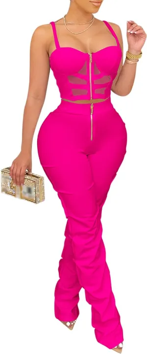 Zoctuo Sexy Jumpsuits for Women Halter Sleeveless Party Club Outfits 2 Piece Hight Waist Pant Set Hollow Out Rompers